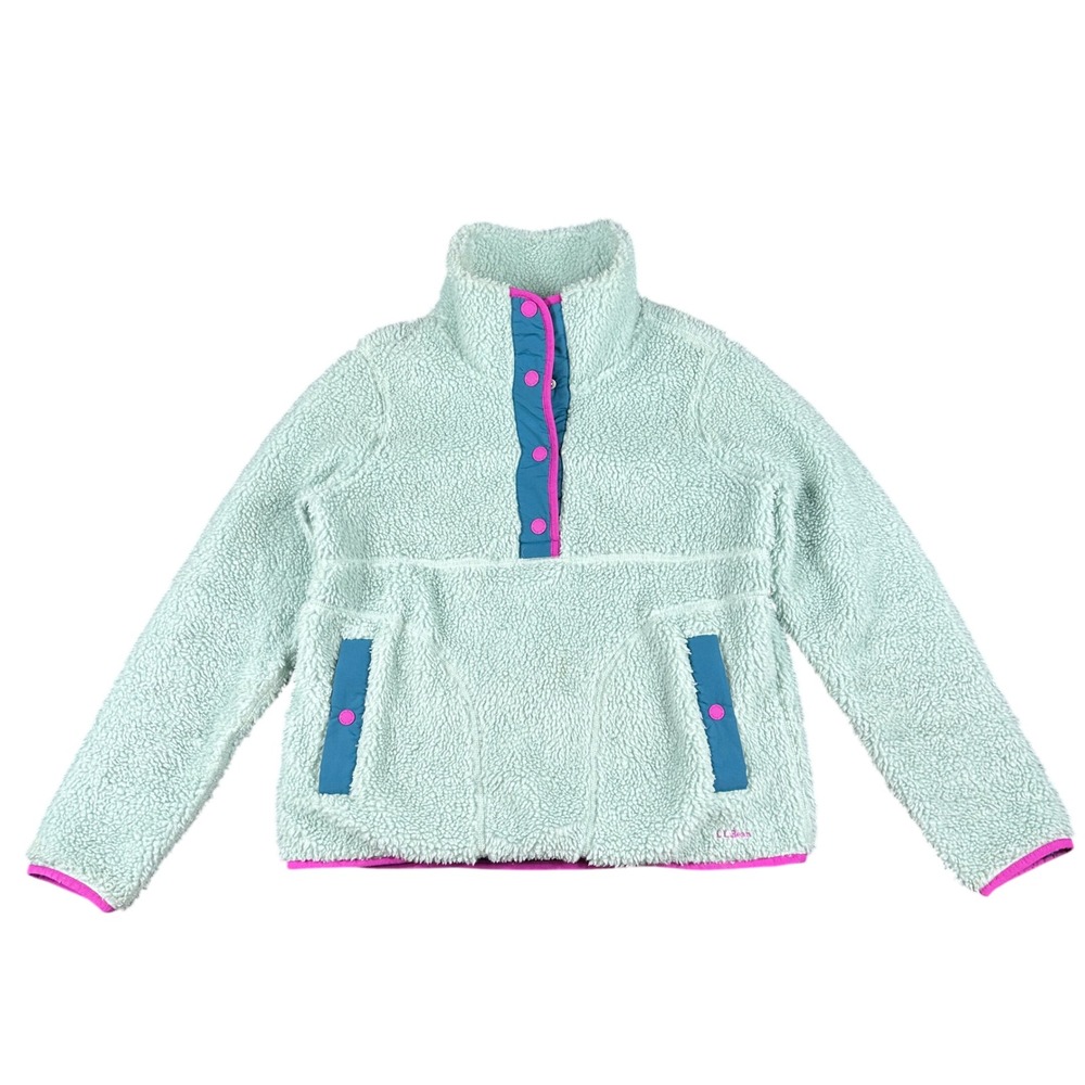 LL Bean Sherpa Fleece Pullover Mint Green Snap Pocket Gorpcore 519064 Small